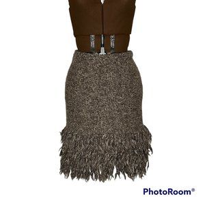 Brown Speckle Wool Blend Knit Pull-on Skirt with Fringe Trim